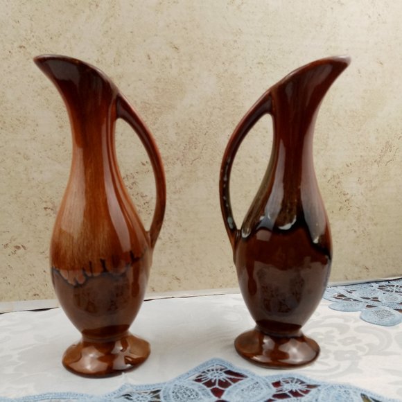 Dryden Pottery Handmade Brown Drip Glazed Ewer Pitcher Pair 7-1/2" - Picture 2 of 8